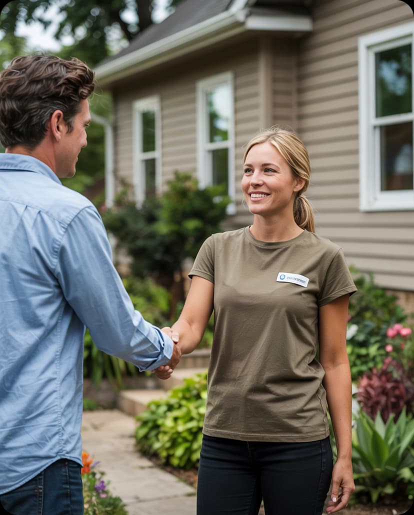 A man and a woman shaking hands outside a house