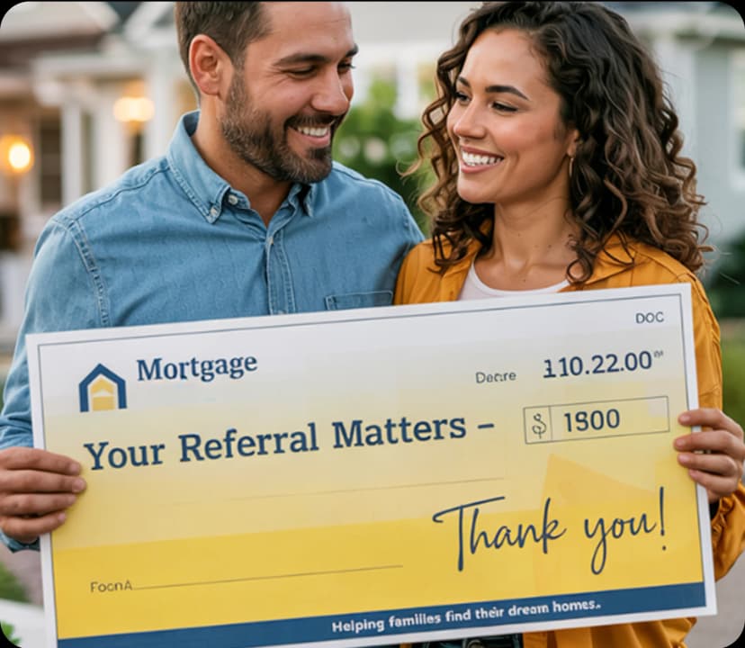 A couple holding an oversized referral cheque