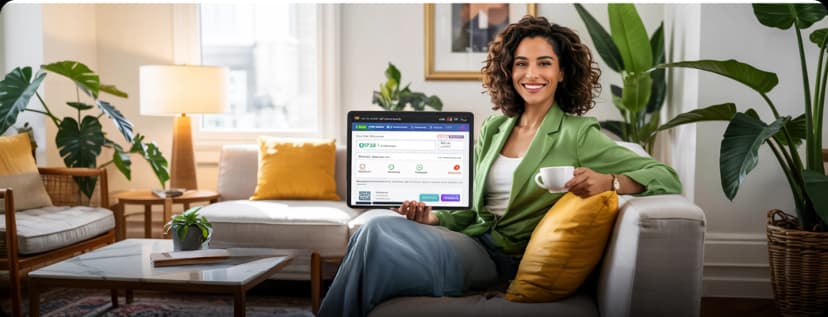A woman working on a laptop in a bright living room