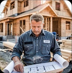 A builder reviewing blueprints in front of a timber-framed house