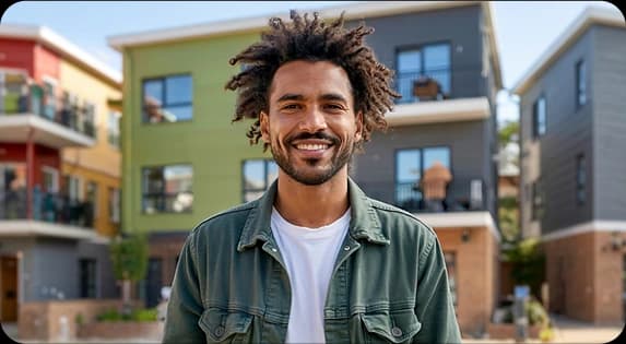 A smiling man in front of a row of colourful townhouses