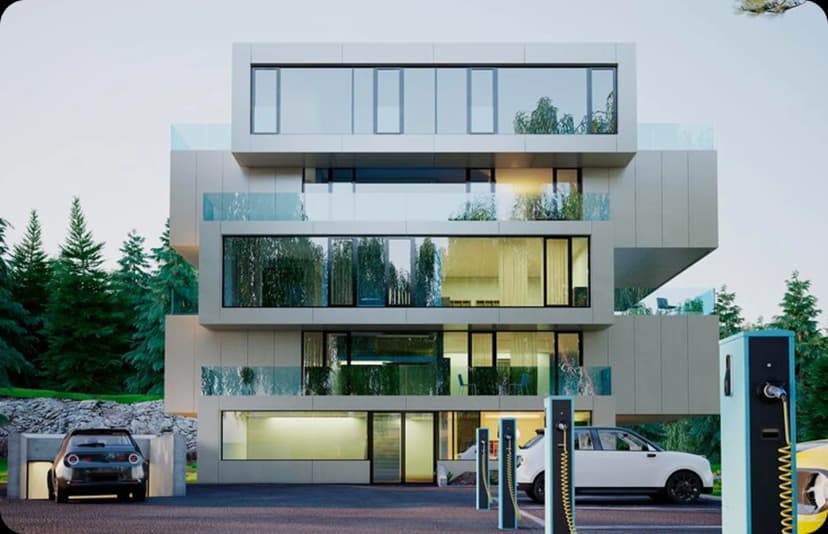 A contemporary white house with large windows