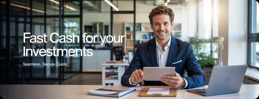 A man holding a tablet beside the words Fast cash for your investments