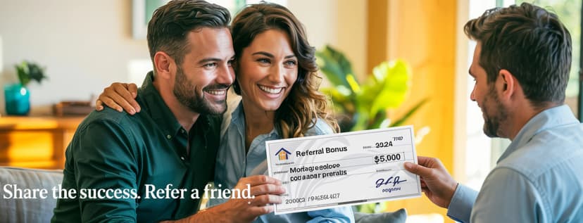 Two people handing a referral cheque to a third