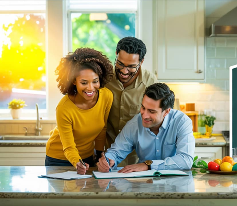 Three people laughing around a laptop at a kitchen counter