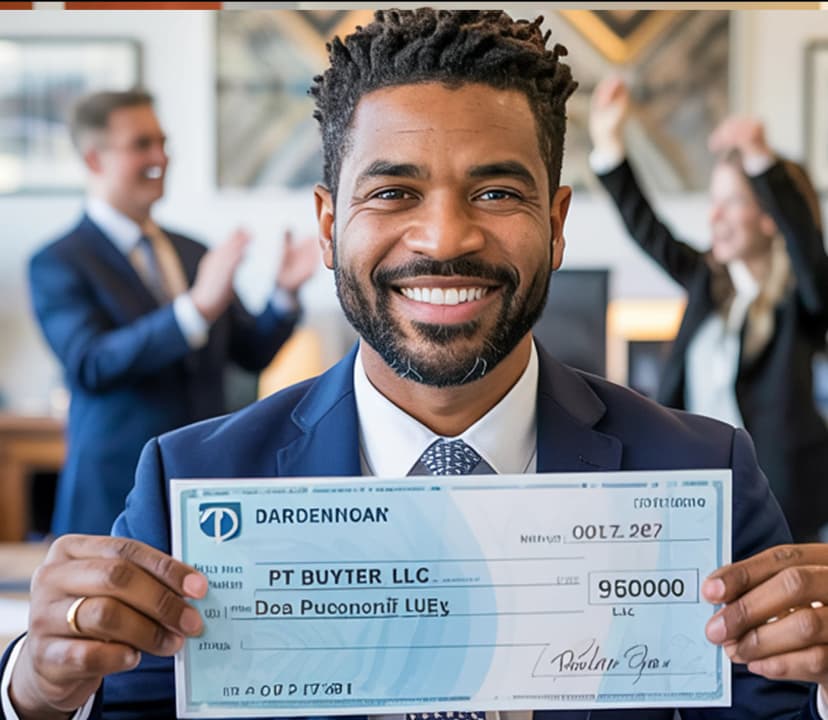 A man in a suit holding a phone in an office