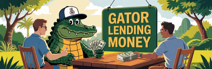 Cartoon alligator beside the words Gator Lending Money