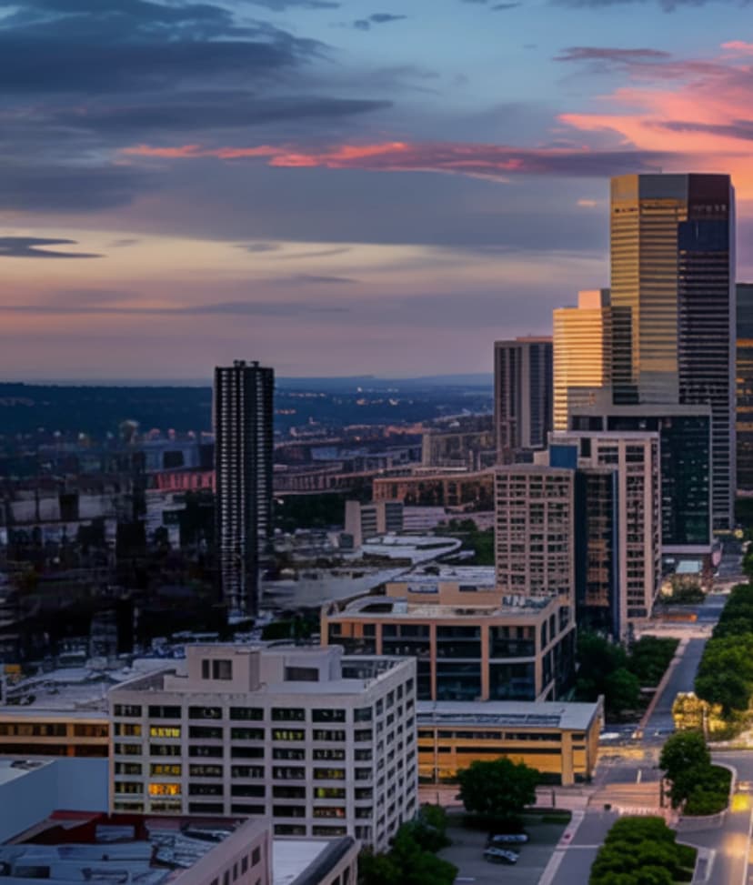 City skyline of high-rise buildings at dusk