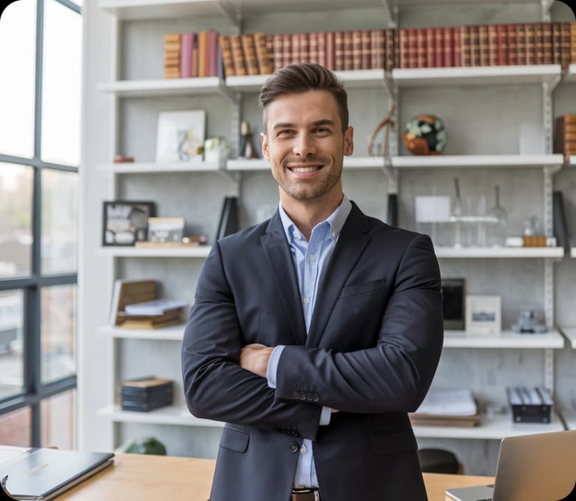 A man in a suit standing with folded arms in an office