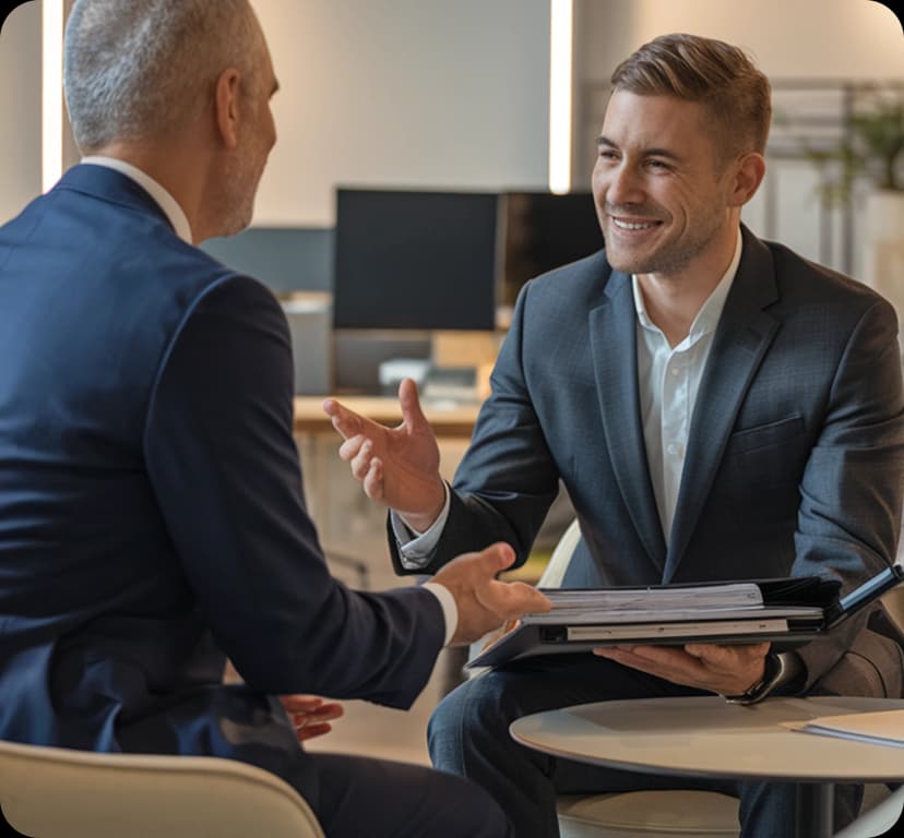 Two men in suits in a meeting, one smiling and holding a folder