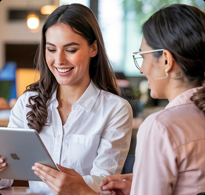 Two women smiling and looking at a tablet together in a modern indoor setting.