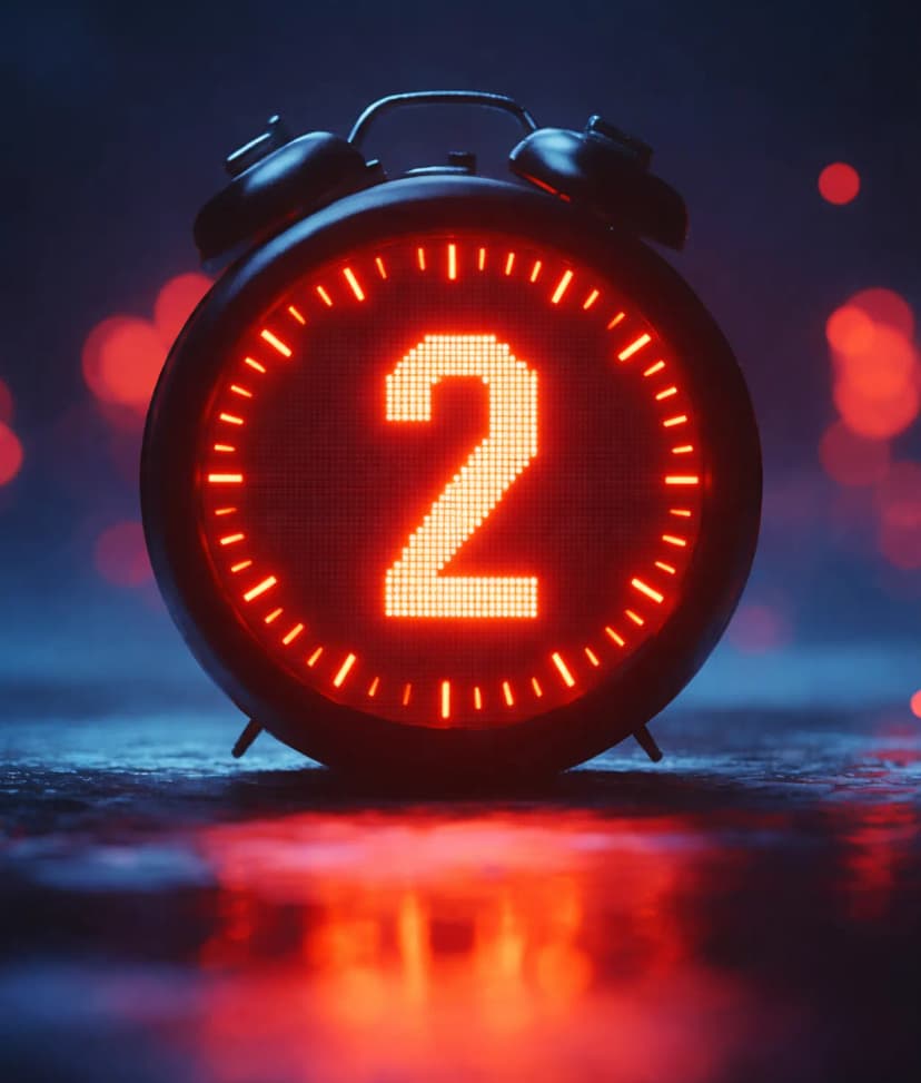 The numeral two lit in red on a dark background