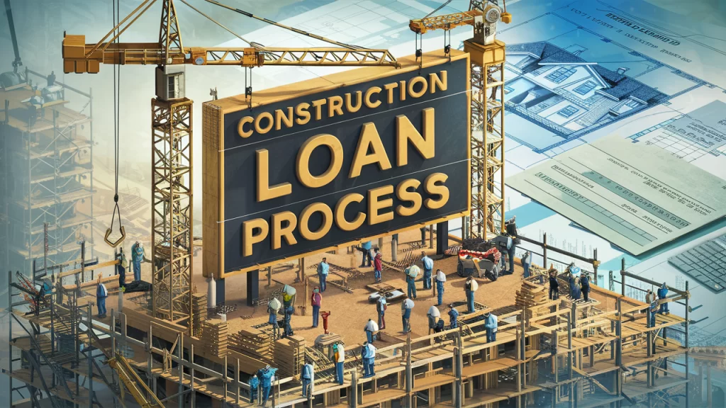 A construction site with workers and scaffolding, representing the process of securing a construction loan.