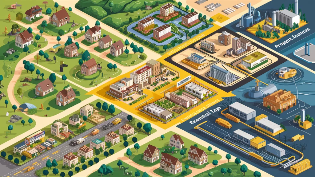 A zoning map showing residential, commercial, and industrial areas.