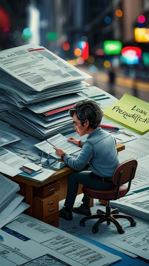 A person reviewing financial documents such as bank statements and tax returns at a desk, indicating loan prequalification.